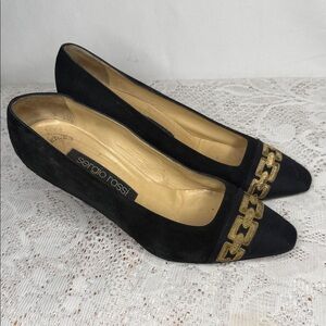 Sergio Rossi x Kurt Geiger suede & satin toes embroidered gold chain heels 8